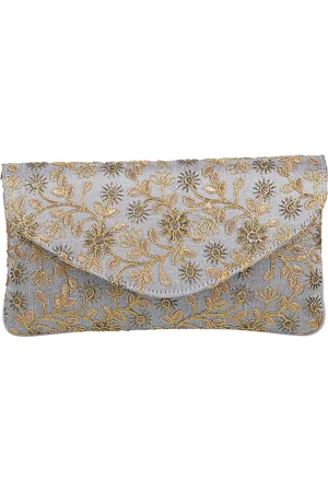 Metro Grey & Gold-Toned Embroidered Envelope Clutch
