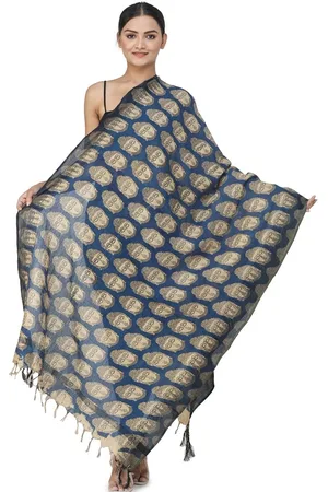 Exotic India Blue Quartz Buddha Heads Printed Kalamkari Art Silk Dupatta