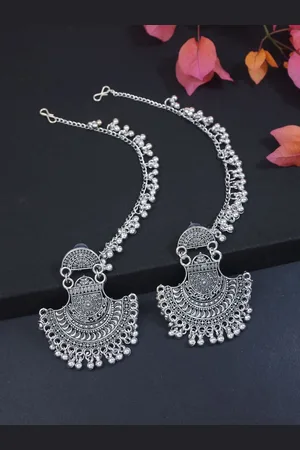 I Jewels Silver-Plated Contemporary Shaped Oxidised Chandbalis With Ear Chains
