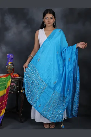 Exotic India Blue Jewel Silk Dupatta with Gota Patti, Floral Beads and Tassels
