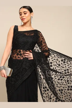 all about you Black Floral Embroidered Net Saree