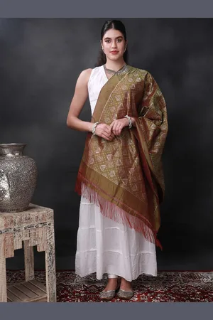 Exotic India Crimson Pure Silk Sambhalpuri Dupatta