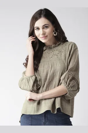 Scouph Women Olive Green Solid A-Line Pure Cotton Top