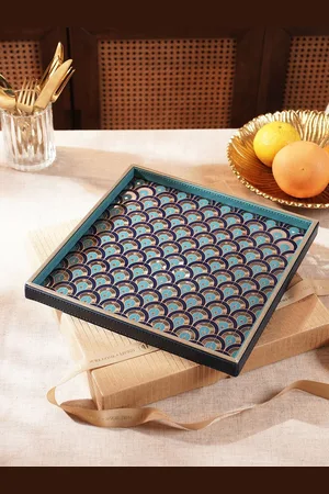 Pure Home and Living Blue Printed Glass & Faux Leather Platter