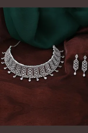 ESTELE Rhodium Plated Lavish Luxe Designer Choker Style Necklace Set for Women