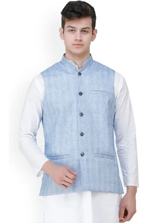 Exotic India Placid Blue Double Check Pattern Nehru Jacket with Front Pockets