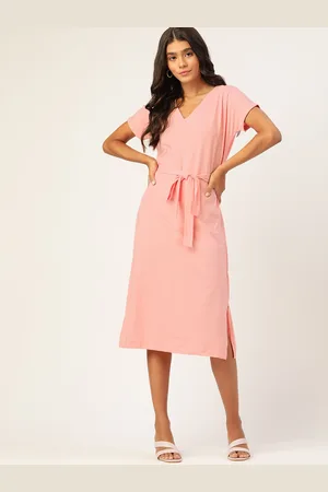 DressBerry Women Peach-Coloured Sustainable A-Line Dress with a Belt