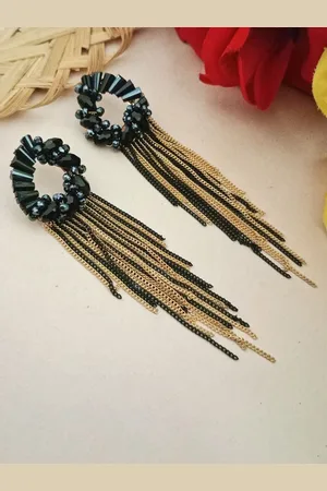 DIVASTRI Gold-Plated Artificial Beads Beaded Contemporary Shaped Drop Earrings