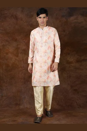 Exotic India Papaya Punch Printed Kurta Pajama with Woven Bootis and Gota-Patti on Neck