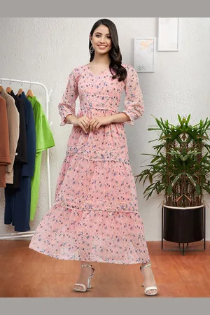 Moda Rapido Floral Print Puff Sleeve Layered Fit & Flare Maxi Dress