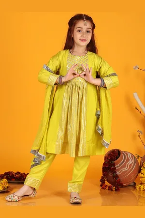 Jilmil Girls Self Design Gotta Patti Pleated Anarkali Kurta With Trouser & Dupatta