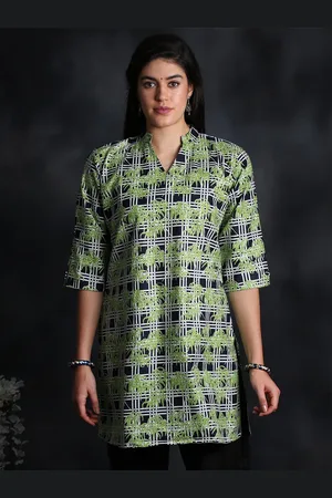 Exotic India Caviar Black Bamboo Leaf Digital Print Cotton Kurti with Quarter Sleeve