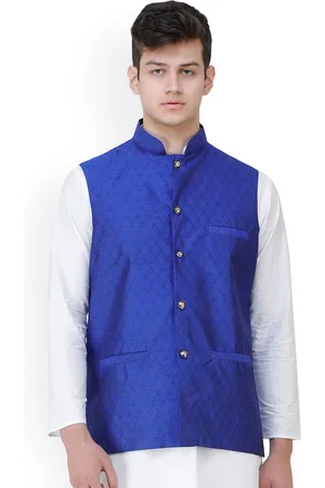 Exotic India Spectrum Blue Wedding Waistcoat with Jacquard Woven Bootis and Front Pockets