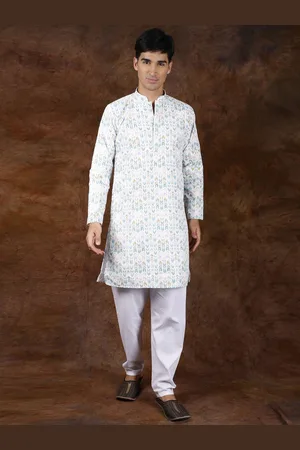 Exotic India Rainbow Printed Kurta Pajama Set with Embroidery in Self-Colored Thread