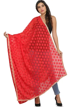 Exotic India Cayenne Red Phulkari Dupatta with Embroidered Bootis in Self-color Thread