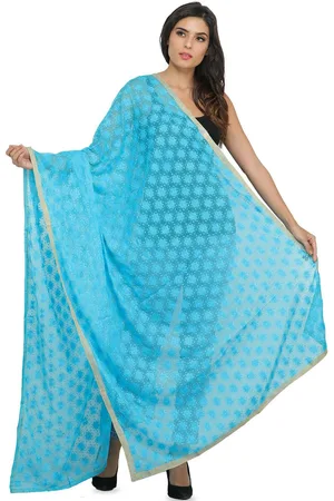 Exotic India Blue Atoll Phulkari Dupatta with Embroidered Bootis in Self-color Thread