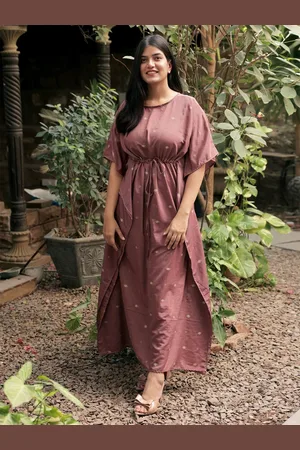 Exotic India Vintage Pure Silk Floral Printed Kimono Sleeves Kaftan Maxi Dress with Dori