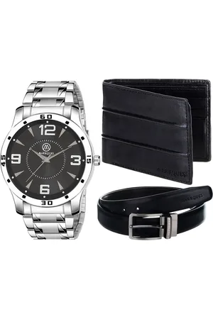 MARKQUES Men Black & Silver-Toned Solid Leather Accessory Gift Set