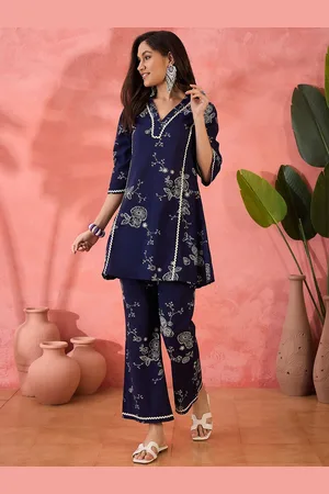 Sangria Floral Printed V-Neck Pure Cotton Tunic & Trouser Co-Ords