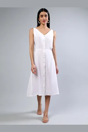 ENTELLUS Women Cotton V-Neck Sleeveless A-Line Midi Dress