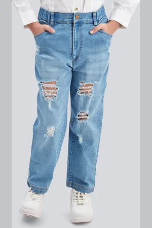 OLELÉ Girls Stretchable Cotton Denim Distressed Washed Jeans Pant