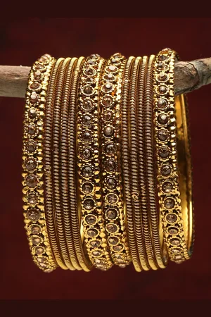 Shining Diva Set Of 12 Gold-Plated & Beige Crystal-Studded & Beaded Bangles