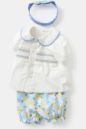 Stylecast Girls White Pure Cotton Peter Pan Collar Top With Printed Shorts & Headband