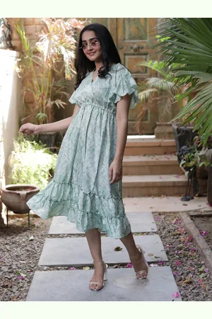 Exotic India Floral Printed V-Neck Cabbage Vintage Pure Silk Summer Dress