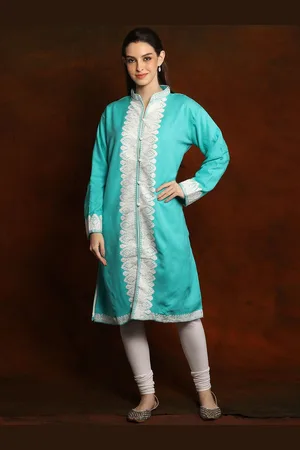 Exotic India Women Woollen Embroidered Long Kashmiri Ethnic Jacket