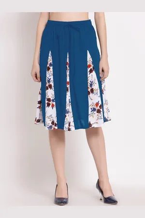 PATRORNA Women Blue & White Printed Flared Skirt With Contrast Pleated Detailing