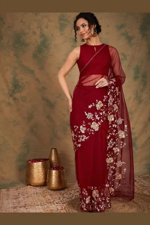 Sangria Women Floral Thread and Sequins Embroidered Saree with Blouse Piece