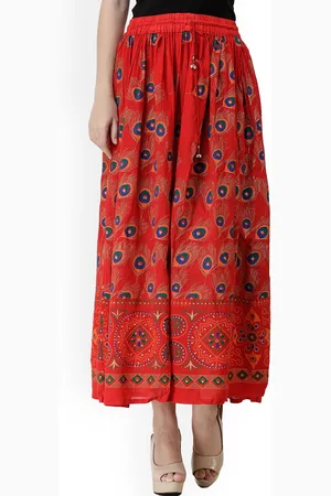 Exotic India Rayon Maxi Skirt with Printed Peacock Feathers