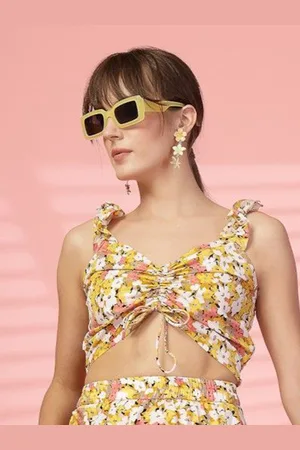 DressBerry Floral Print Sweetheart Neck Crepe Crop Top