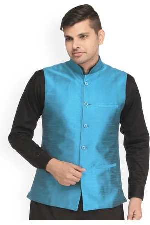 Exotic India Swedish Blue Art Silk Plain Wedding Waistcoat with Front Pockets