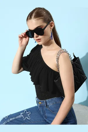 Roadster Stunning Black Self-Design Ruffled Top