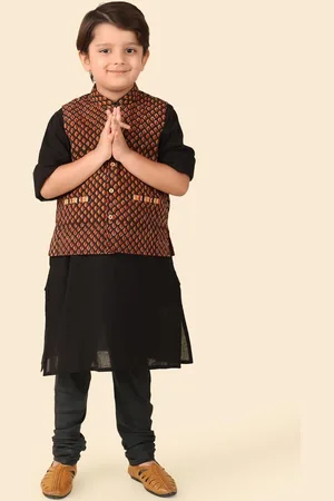 Fabindia Boys Band Collar Cotton Straight Kurta With Nehru Jacket