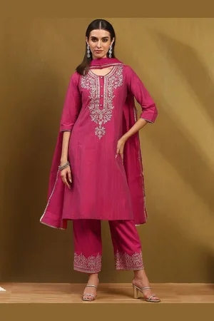 Biba Floral Embroidered Straight Kurta With Palazzos & Dupatta