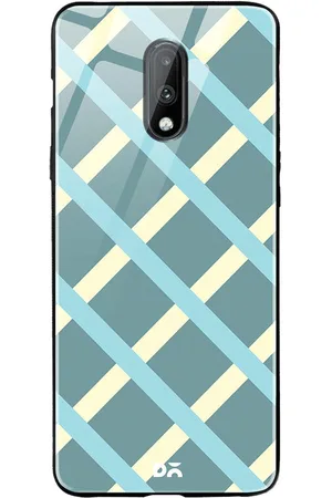DailyObjects Teal Blue & White Diagonal Checks OnePlus 7 Glass Case