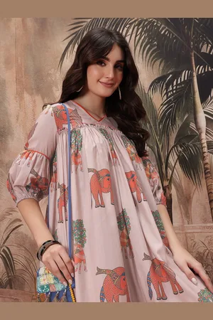 Sangria Elephant Print A-Line Ethnic Dress