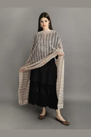 Exotic India Peachy Keen Heavy Embroidered Net Dupatta with Paisleys