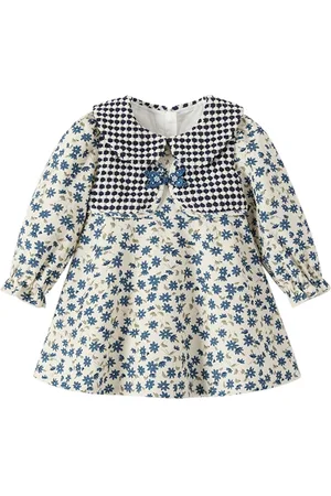 Stylecast Blue Girls Floral Printed Peter Pan Collar Puff Sleeves Maxi Fit & Flare Dress