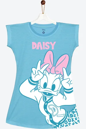 YK Girls Blue & Pink Daisy Duck Graphic Printed A-Line T-shirt Dress