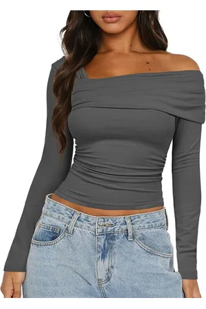 all about you Grey Asymmetric Neck Gathered Detailed Fitted Crop Top