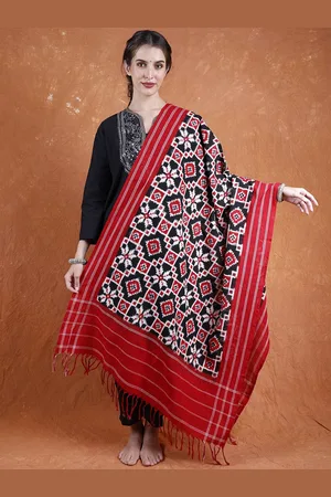 Exotic India Black and Red Pure Cotton Pochampally Ikat Handloom Dupatta