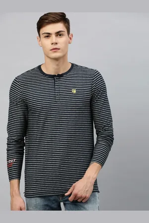 SPYKAR Men Navy Blue Striped Henley Neck T-shirt