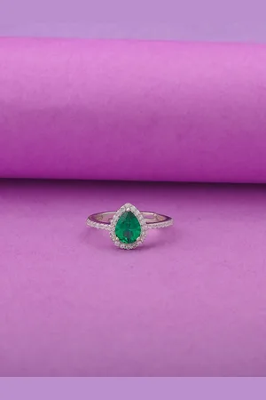Studio Voylla 925 Sterling Silver White Green Stone-Studded Adjustable Finger Ring