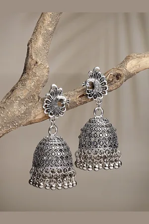 Anouk Women Silver-Toned Peacock Design German Silver Oxidised Dome Shaped Jhumka Earrings