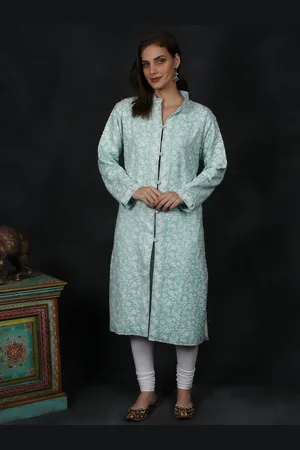 Exotic India Aqua Mint Intricate Aari-Embroidered Floral Wool Kashmiri Long Jacket