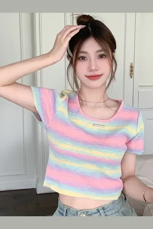 HERE&NOW Round Neck Short Sleeves Striped Cotton Top