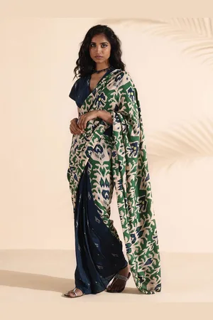 trueBrowns Green Blue Muslin Ikat Saree